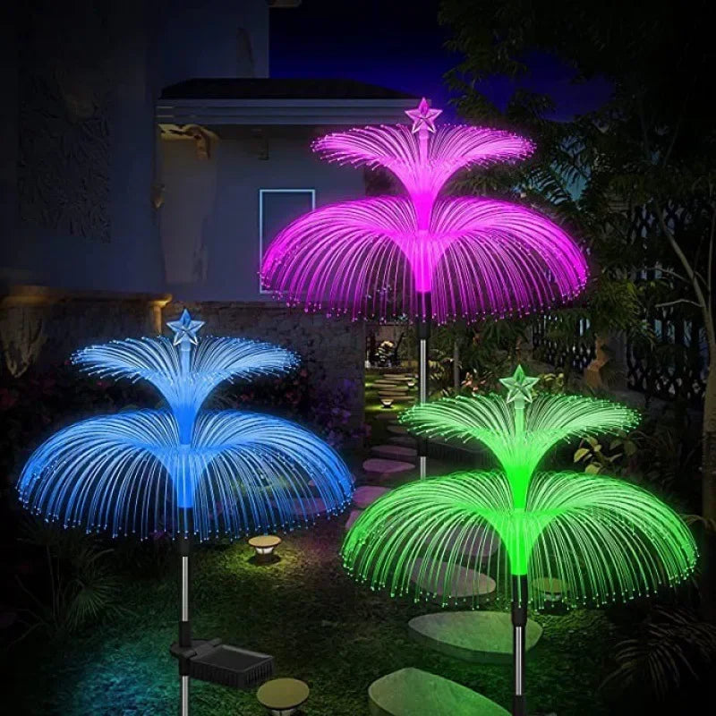 Double Jellyfish Solar Light 7 Gradient Colors Solar Garden Light LED Fiber Optic Lamp Outdoor Waterproof Decoration Ground Lamp