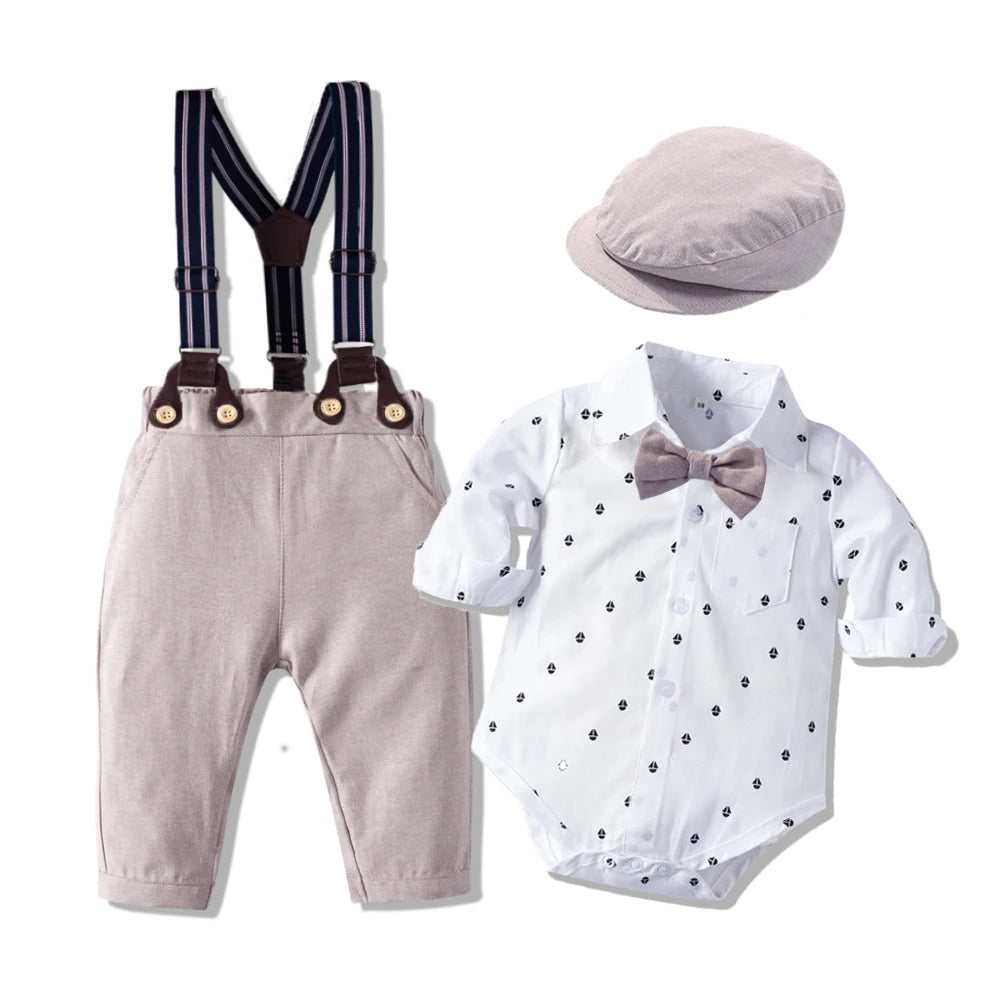 Baby Boy Gentleman Romper Set with Bow and Hat- Cotton.