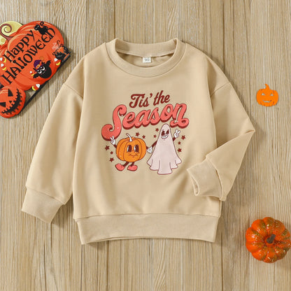 Halloween Sweatshirt-Cartoon Toddler Girl and Boy Pumpkin.