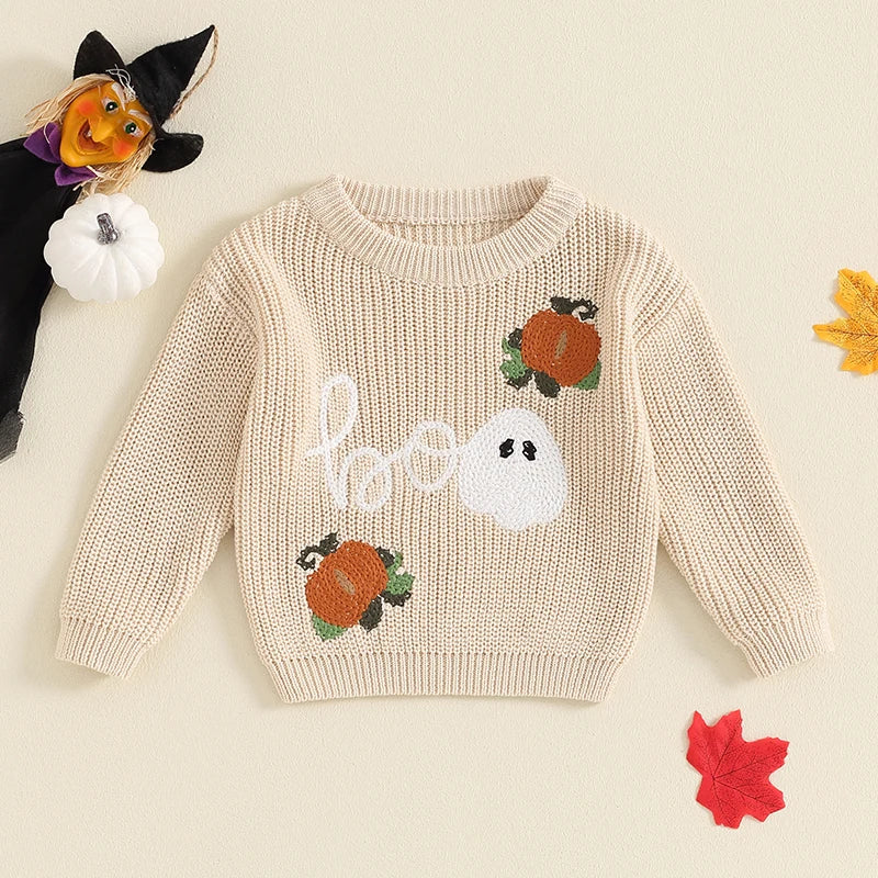 Toddler Boys Girls Halloween Sweater Witch Pumpkin Letter Ghost Long Sleeve.