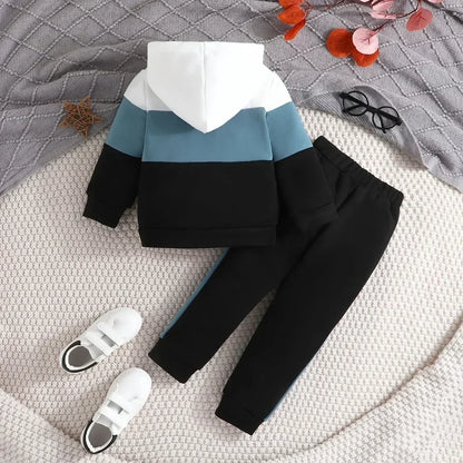 Boys suit 2-7 Years Old Colorblock Coat Long Sleeve Hoodie Outerwear Trousers suit.