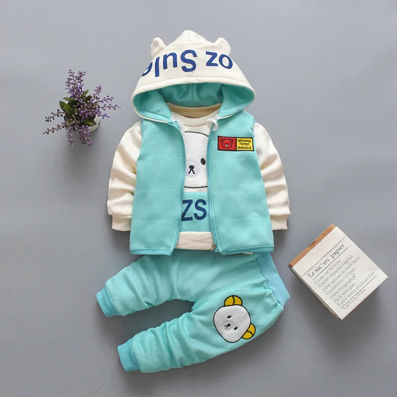 New Autumn Winter  Baby Girl Clothes Children Boys Thickened Hooded Vest T-Shirt Pants 3Pcs/Sets Toddler Costume Kids Tracksuits