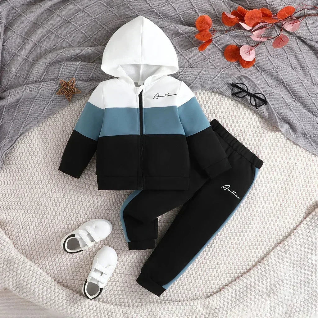 Boys suit 2-7 Years Old Colorblock Coat Long Sleeve Hoodie Outerwear Trousers suit.